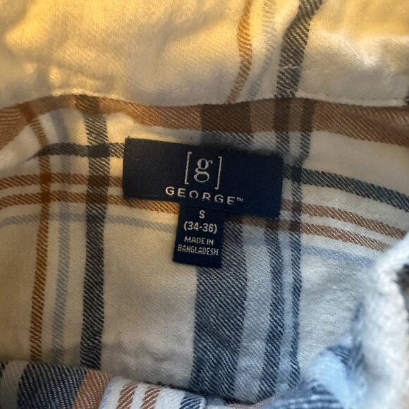George Casual Button Down Mens Small White & Blue Plaid Rugged Flannel Shirt - Picture 2 of 5